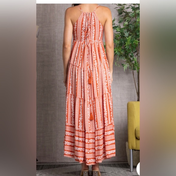 NWT Rust Tasseled Drawstring Halter Neck Maxi Dress with self Tie Boho - Picture 4 of 10